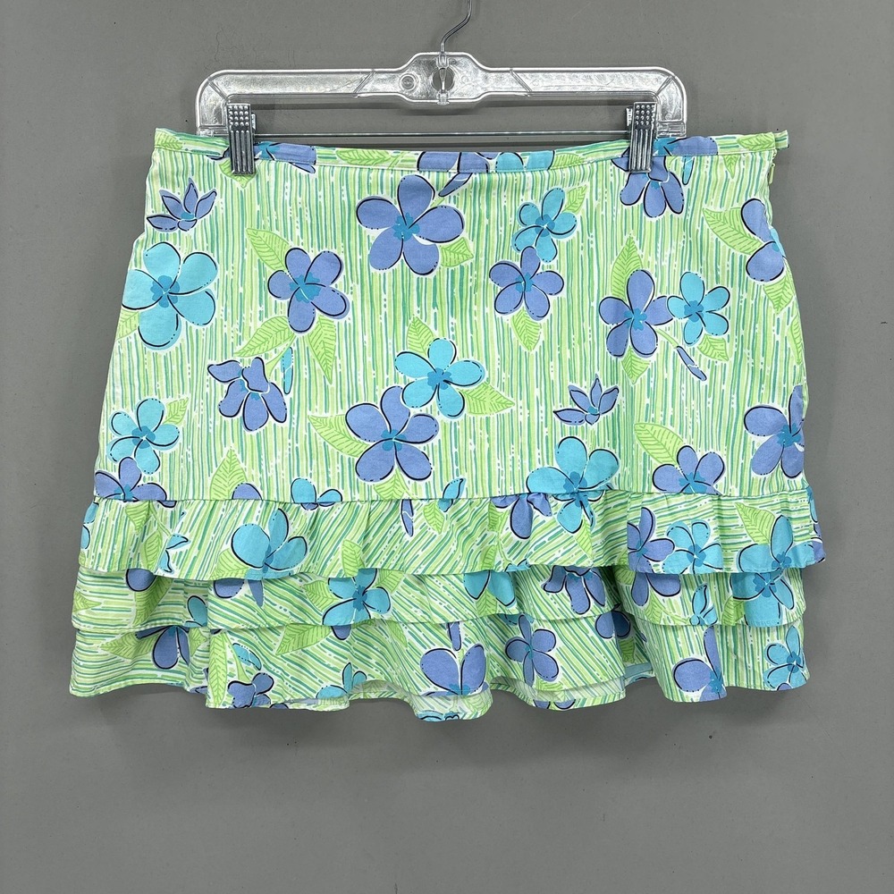 Lilly Pulitzer Skirt Womens 14 Green Floral Ruffle Mini Lined Cotton Vintage
